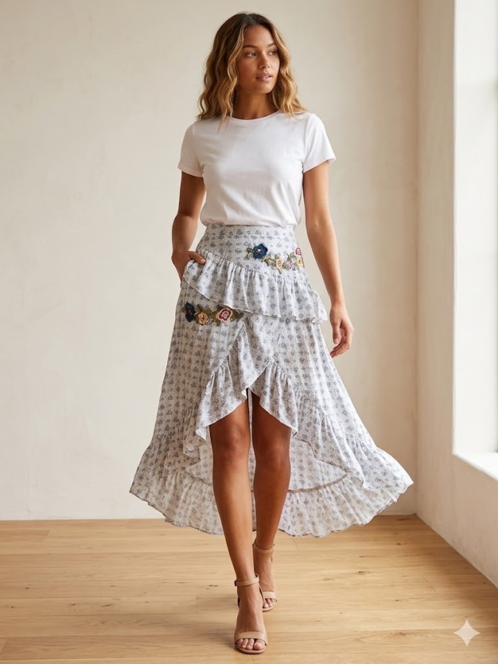 Jaase 'Amara' Hi-Low Midi Embroidered Skirt, Small, Like New